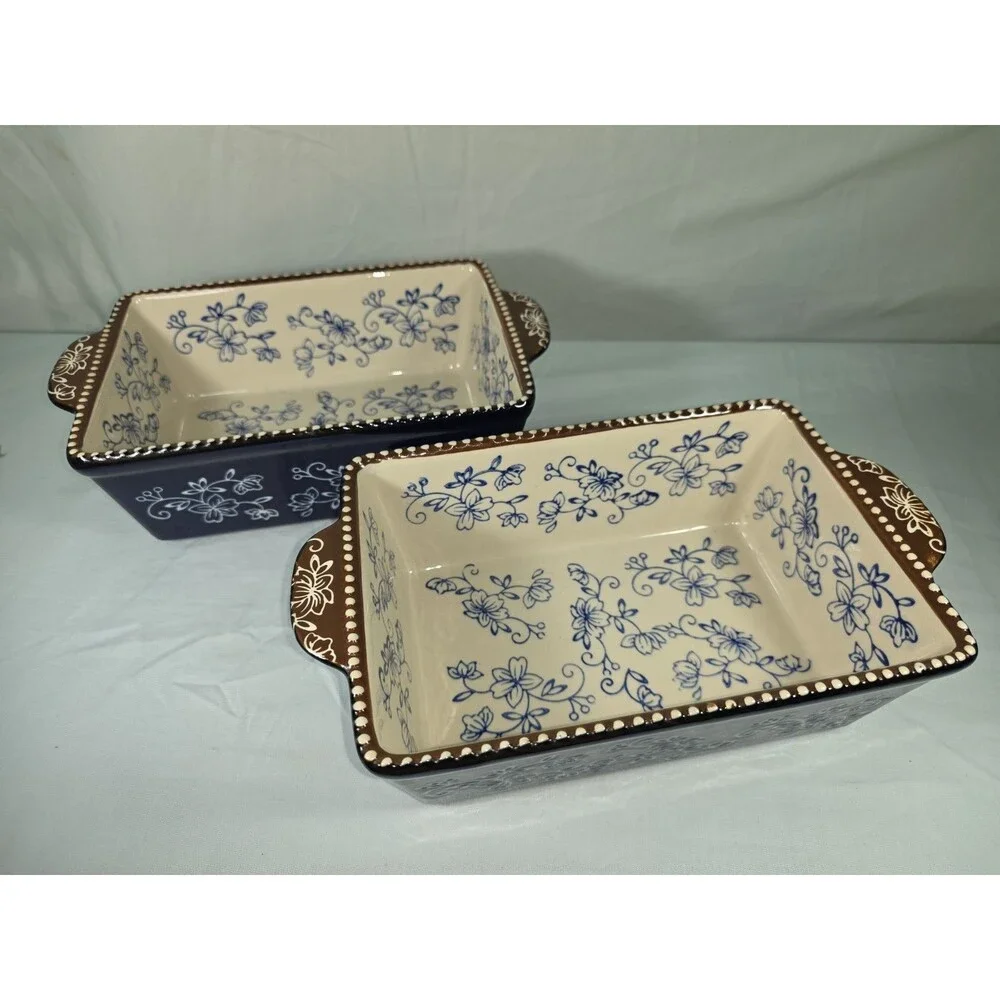 Temp-tations Floral Lace Cobalt Blue 1.5 QT Loaf Pan Set of 2 Retired Bakeware